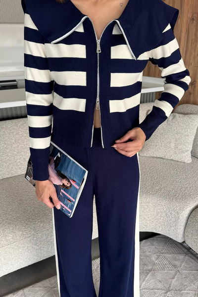 julude Navy Blue Women's Stripe Patterned Knitwear Cardigan Pants Two-Piece Set (Fits Sizes S-M-L.)
