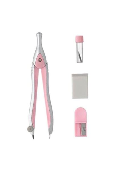 SHOPIENS Set Compas Metalic, Argintiu Roz, 4 Buc, cu Ascutitoare, Radiera, Varf Rezerva, Cutie Plastic