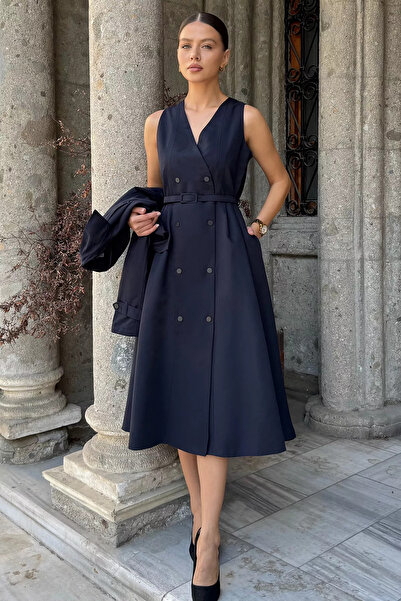 julude Navy Blue Women's Trench Fabric Jacket Dress Two-Piece Set