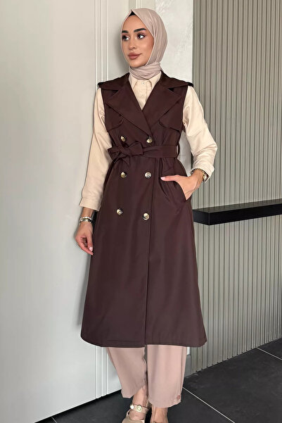 julude Brown Double Breasted Collar Waist Belt Detailed Front Buttoned Hijab Trench Coat