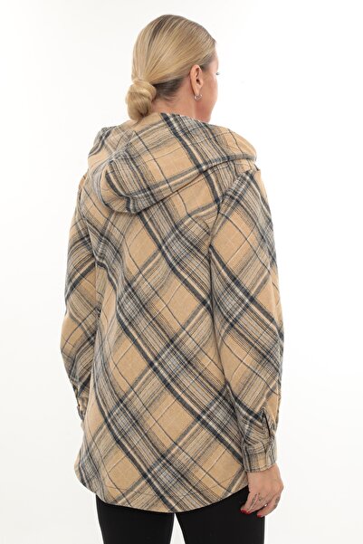 Lady Majestic Büyük Beden Rahat Kalıp Kapüşonlu Oduncu Kadın Gömlek Hırka