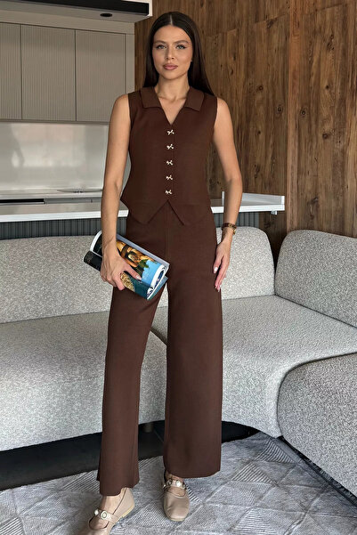 julude Brown Shirt Collar Vest Pants Knitwear Two-Piece Set