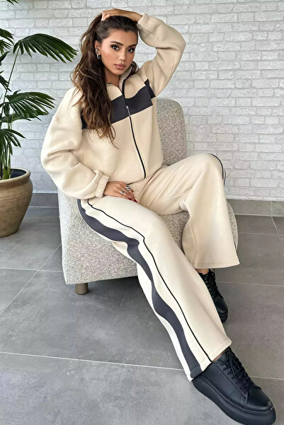 julude Beige Three Thread Raised Color Garnished Palazzo Tracksuit Set