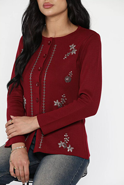julude Burgundy Stone Knitwear Cardigan (S, M, L Compatible)