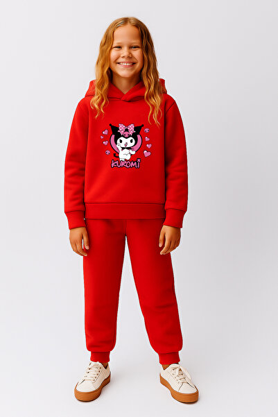Let's Wear Premium Pink Kuromi Printed Kids Hooded Compact Sweatshirt Tracksuit Set - 2 Piece Sportswear Set