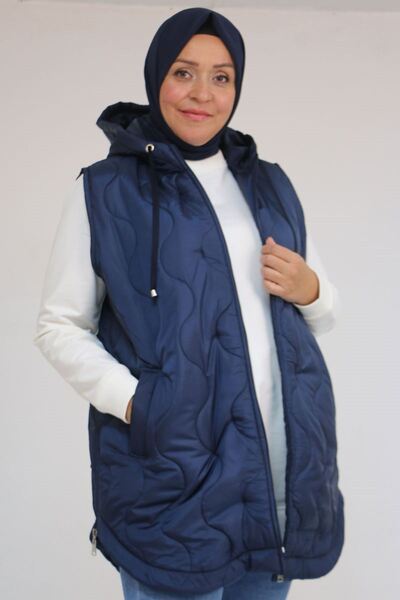 Eslina 44007 Plus Size Oval Cut Quilted Vest with Side Slits - Navy Blue