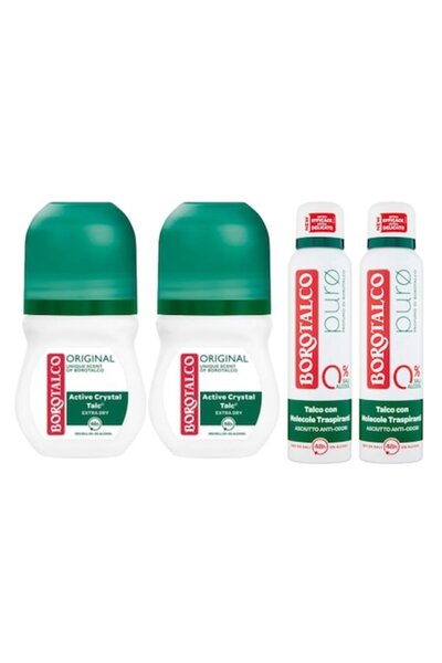 Borotalco Set 4 x Variety Bundle, 2 x Deo Roll On 50ml 48h Original, 2 x Antiperspirant Deo 150ml Pu