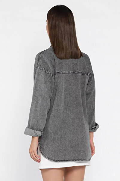 julude Anthracite Women's Double Pocket Embroidered Jean Denim Jacket
