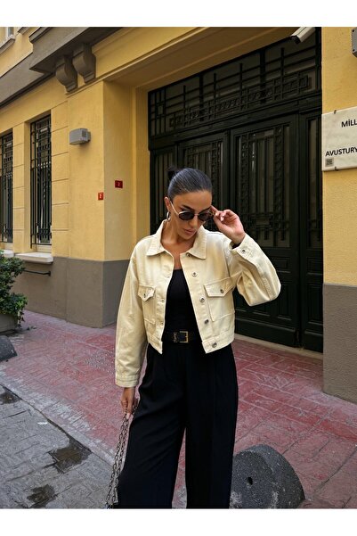 Keops Beige Double Pocket Denim Crop Jacket Bcdf-255419