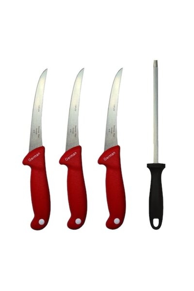 Globalport Retail Professional Butcher Set – 3 Boning Knives, Red, Stainless Steel Blade + Massage