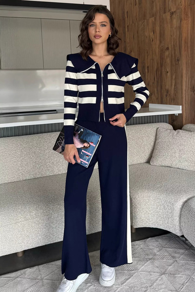 julude Navy Blue Women's Stripe Patterned Knitwear Cardigan Pants Two-Piece Set (Fits Sizes S-M-L.)