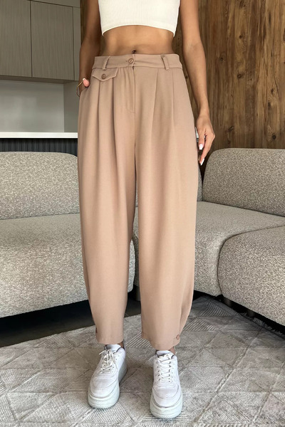 julude Beige Leg Button Detailed Comfortable Pants