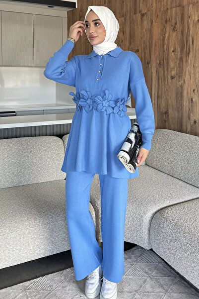 julude Indigo Daisy Applique Tunic Pants Knitwear Hijab Two-Piece Set (Available in S, M, L, XL)