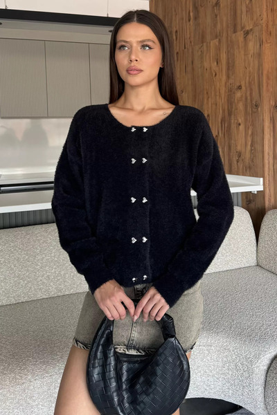 julude Black Heart Buttoned Ribbed Knit Jacket (Available in Sizes S, M, L, XL)