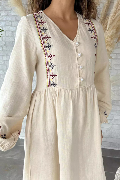 julude Stone Front Button Embroidered Dress