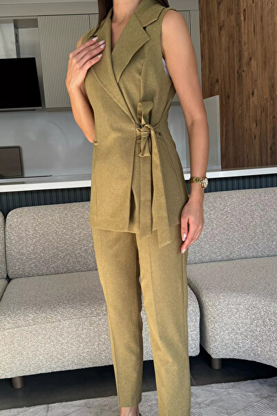 julude Olive Green Women's Brooch Detailed Waist Elastic Vest Pants Two-Piece Set
