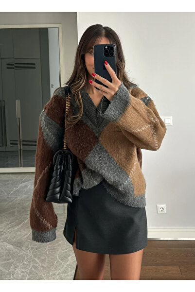 My Blog Пуловер с антрацитно-кафяв баклава мотив - 25799