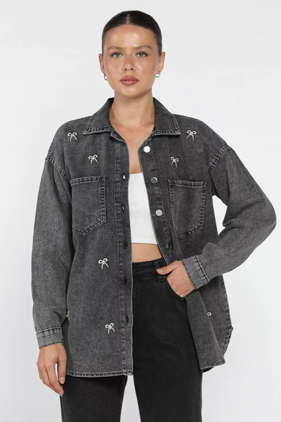 julude Anthracite Women's Embroidery Detailed Stone Embroidered Double Pocket Jean Denim Jacket