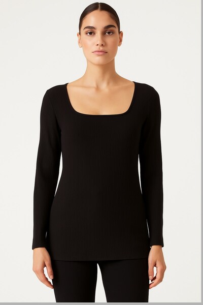 Seamoda Plus Size Square Neck Long Sleeve Ribbed Blouse
