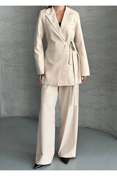 ParlaMira Women's Dabıl Fabric Tie-Up Blazer Jacket & High Waist Palazzo Pants Set