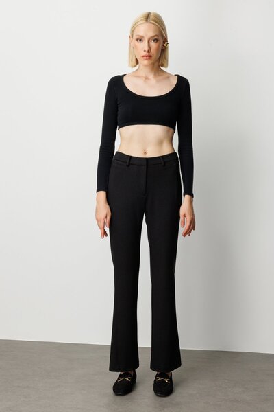 Ekol Women's Silvery Fabric Wide Leg Trousers 1045 Black
