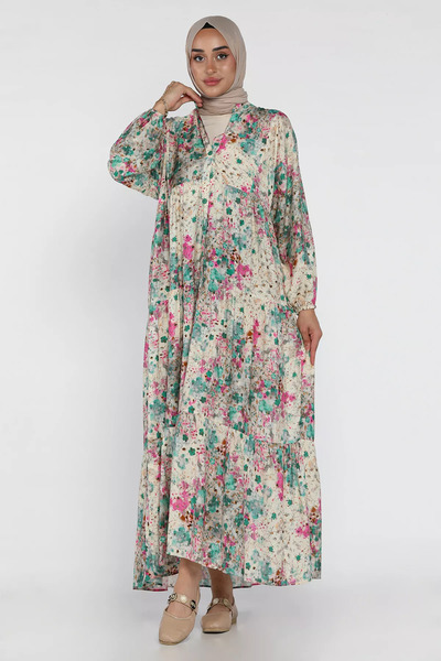 julude Stone Flower Patterned Front Buttoned Seasonal Hijab Dress