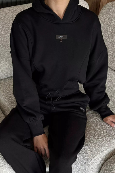 julude Black Women's Three Thread Raster Hooded Tracksuit Set