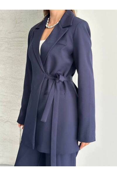 ParlaMira Women's Dabıl Fabric Tie-Up Blazer Jacket & High Waist Palazzo Pants Set