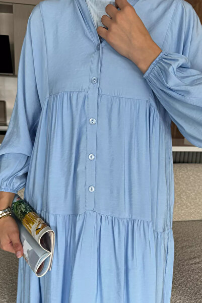julude Blue Front Buttoned Flowy Seasonal Hijab Dress