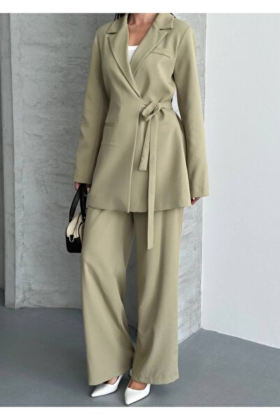 ParlaMira Women's Dabıl Fabric Tie-Up Blazer Jacket & High Waist Palazzo Pants Set