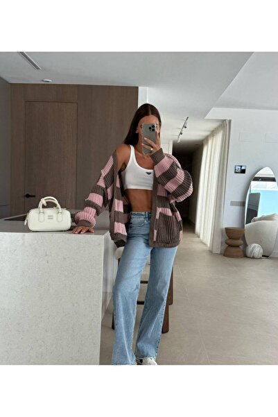 moda paketi Striped Knit Cardigan - Standard Size Loose Knit Cardigan with Pockets