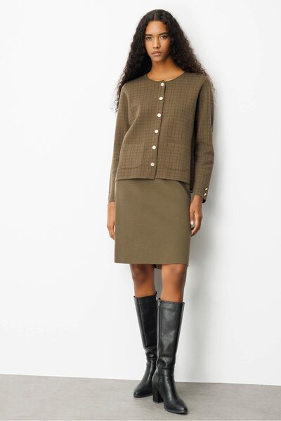 Desen Triko Women's Knitwear Checkered Glitter Jacket Khaki