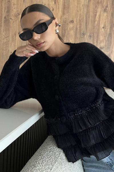 julude Black Soft Knitwear Jacket with Ruffled Bottom (Available in S, M, L, XL)