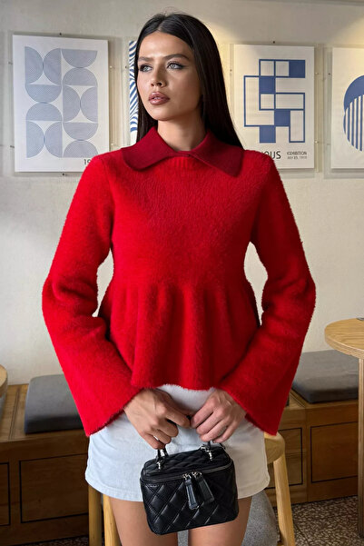 julude Red Shirt Collar Ribbed Knit Blouse (Available in Sizes S, M, L, XL)