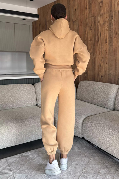 julude Biscuit Women's Three Thread Ribbed Hooded Tracksuit Set
