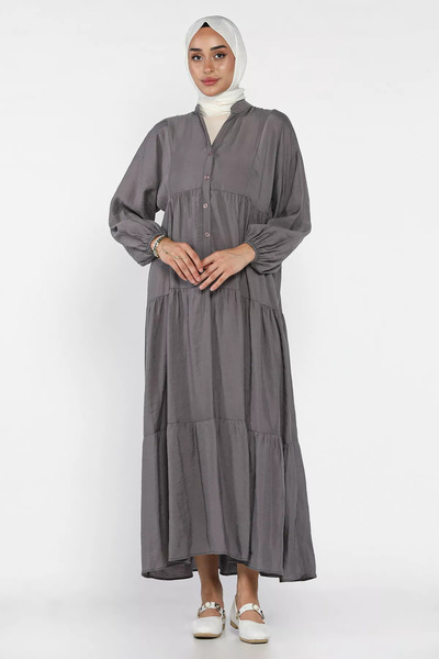 julude Anthracite Front Buttoned Flowy Seasonal Hijab Dress