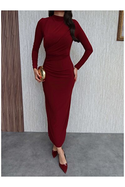 ESRAHELVACI Uzun Kol Drapeli Yırtmaçlı Elbise