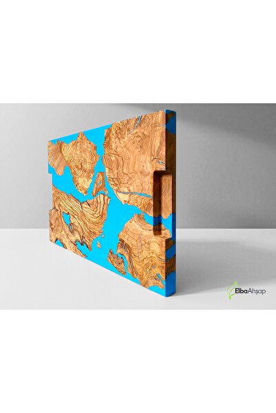 ELBA AHŞAP 40X27 cm Blue Epoxy and Olive Wood Design Handmade Presentation Board