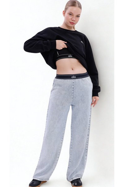HepsitrentStore Light Denim Blue Regular Elastic Waist Casual Trousers