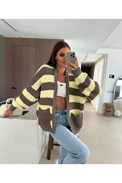 moda paketi Striped Knit Cardigan - Standard Size Loose Knit Cardigan with Pockets