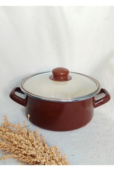 EBRULİEMAYE Brown Enamel Flat Pot 2.2 Liters 20 cm Diameter Milk Yogurt Soup Pot