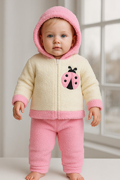 Bubito Uğur Böceği Nakışlı Kışlık Peluş Welsoft 2'li Kapüşonlu Takım-Pembe