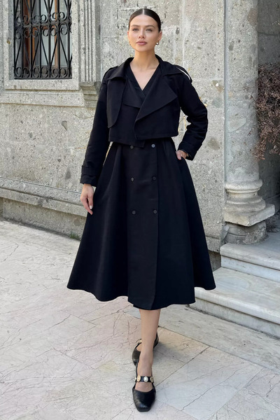 julude Black Women's Trench Fabric Jacket Dress Two-Piece Set