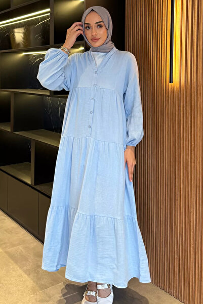 julude Blue Front Buttoned Seasonal Hijab Dress