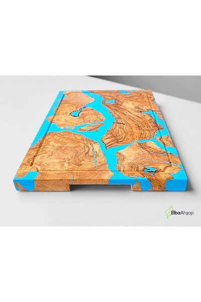 ELBA AHŞAP 40X27 cm Blue Epoxy and Olive Wood Design Handmade Presentation Board