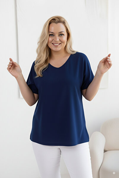 Barato Trend Large Size Cotton Fabric Navy Blue V-Neck Premium T-Shirt