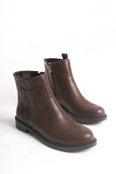 Bak Store Acı Çikolata Kahve Cilt Nakışlı Western Kovboy Düz Kadın Bot