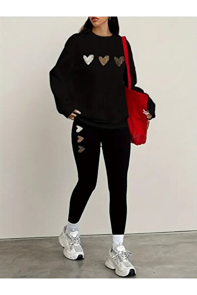 WOODROFFE Colanți negri pentru femei - Set de hanorace 2 piese Combinație oversize Boyfriend