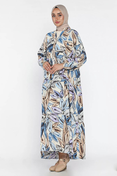 julude Stone Blue Patterned Front Buttoned Seasonal Hijab Dress