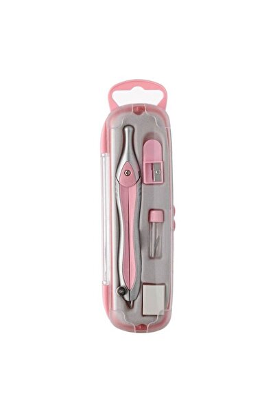 SHOPIENS Set Compas Metalic, Argintiu Roz, 4 Buc, cu Ascutitoare, Radiera, Varf Rezerva, Cutie Plastic